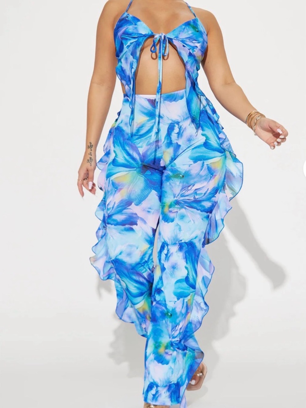Blue Floral Tie-Front 2 piece pants set